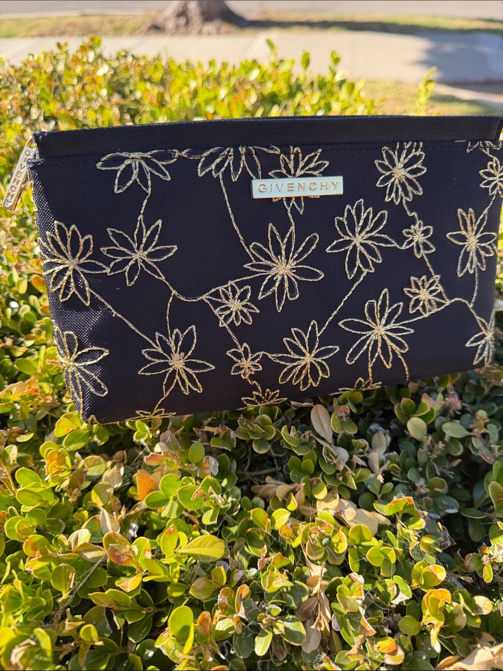 GIVENCHY 
 (NOT PARFUMS) Black Cosmetic Pouch with Gold Floral Stitching